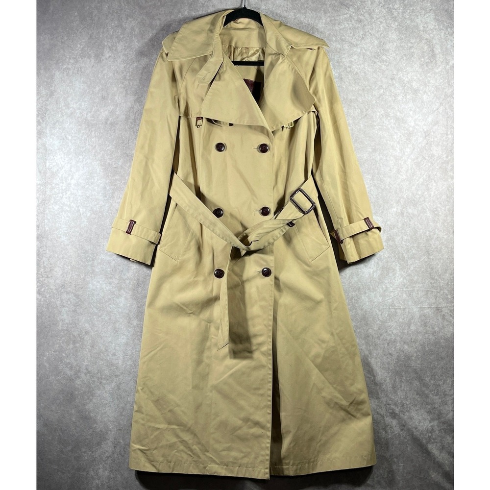 Etienne Aigner Trench Coat Women 12 Tan Double Breasted Belted Long Collared 70s